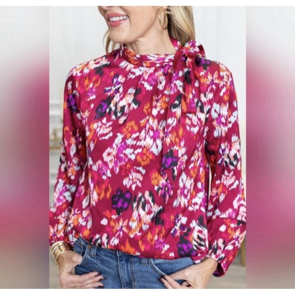 Sugar lips Pink Fuchsia Floral Tie Neck Crepe Blouse Lined Size L Boho Workwear